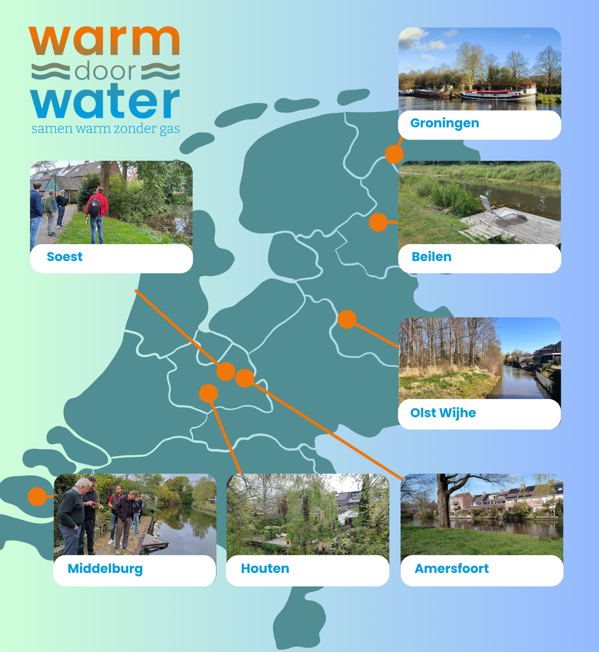 Afbeelding Warm door Water met de locaties van de pilot projecten in Nederland